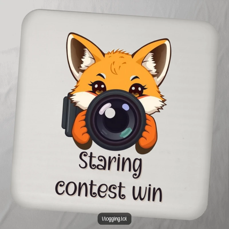 Funny drink coaster with a curious fox peeking into a camera lens, adding a touch of humor and protection to surfaces.