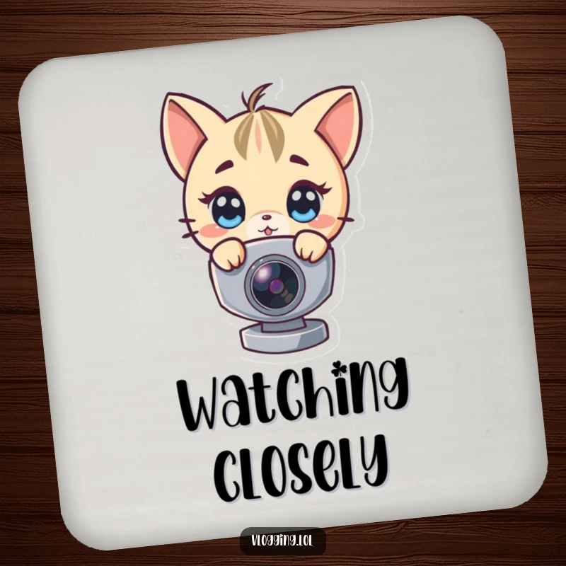 Funny drink coaster featuring a character peeking around a webcam, protecting furniture with humor.