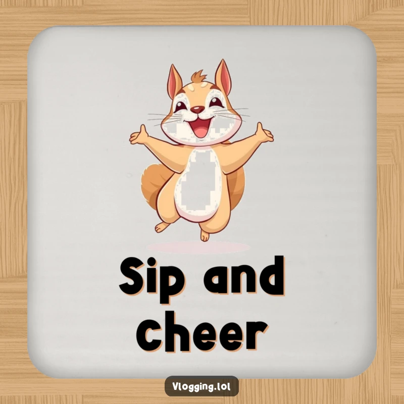 Funny beaming squirrel drink coaster, jumping excitedly while recording, a charming accent for tables and a burst of creative energy.