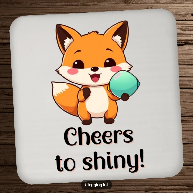 Funny drink coaster with a delighted fox presenting a bright, colorful object, guarding surfaces with a smile.