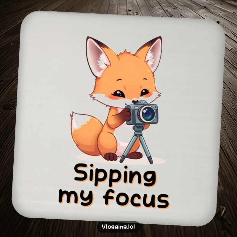 Funny drink coaster with a curious fox playing with a small camera on a tripod, adding humorous protection to surfaces.