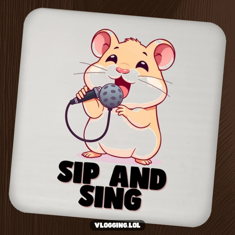Funny drink coaster with an excited hamster holding a microphone, ready to perform, adding humorous flair and surface protection for drinks.
