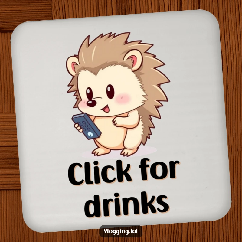Funny hedgehog drink coaster, humorously pressing a button on a remote control, a charming accent for tables and a nod to technology.