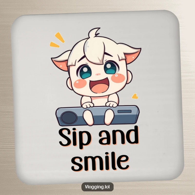 Funny drink coaster showing a character's exaggerated joyful reaction, perfect for adding a touch of fun to any surface.