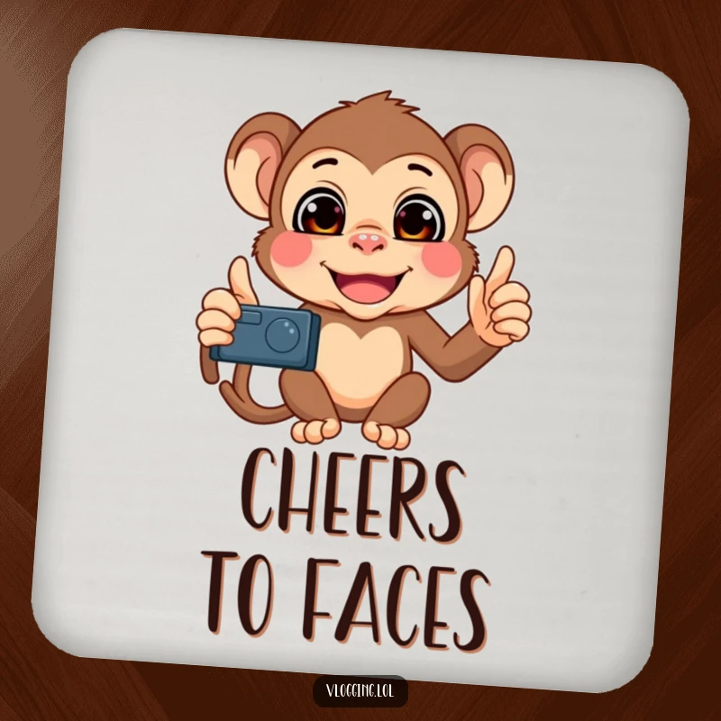 Funny Monkey Selfie Coaster showing a mischievous monkey filming itself with a variety of funny faces, protecting surfaces stylishly.