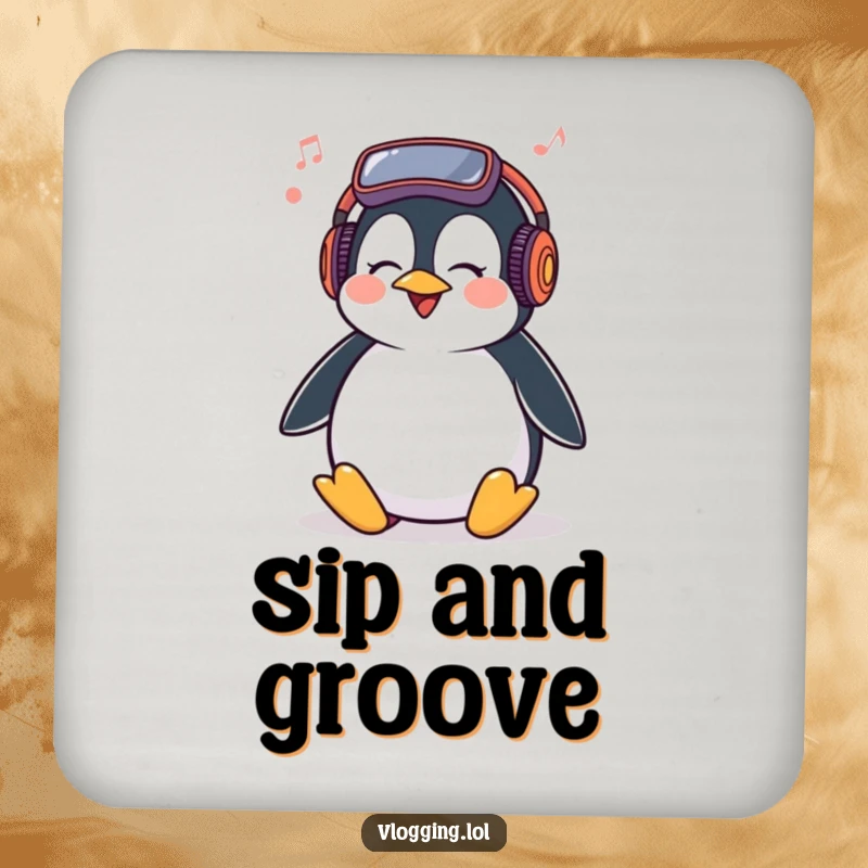 Funny Penguin Coaster showing a giggling penguin bopping its head to music, a humorous and practical drink accessory.
