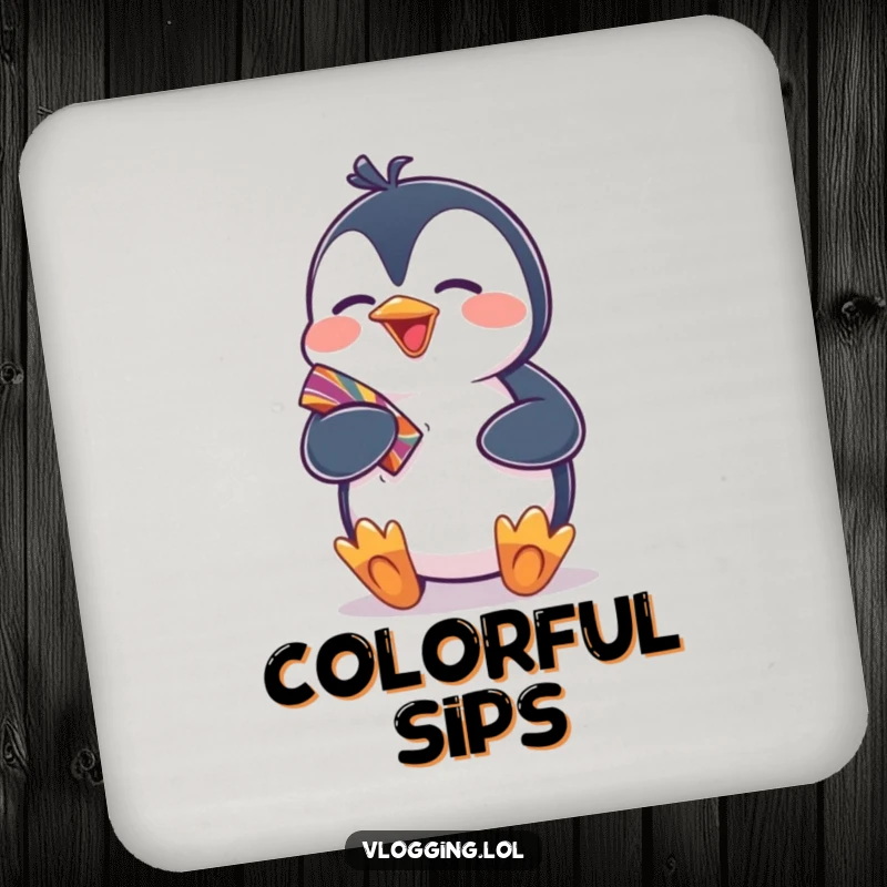 Funny drink coaster with a giggling penguin excitedly showing off a colorful item, adding humorous joy and surface protection for beverages.