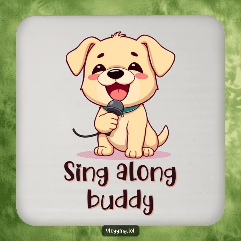 Funny Puppy Singer Coaster showing a delighted puppy holding a microphone and singing loudly, protecting surfaces with charm.