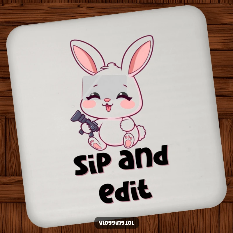 Funny drink coaster featuring a cheerful rabbit with a very focused expression while editing a video.