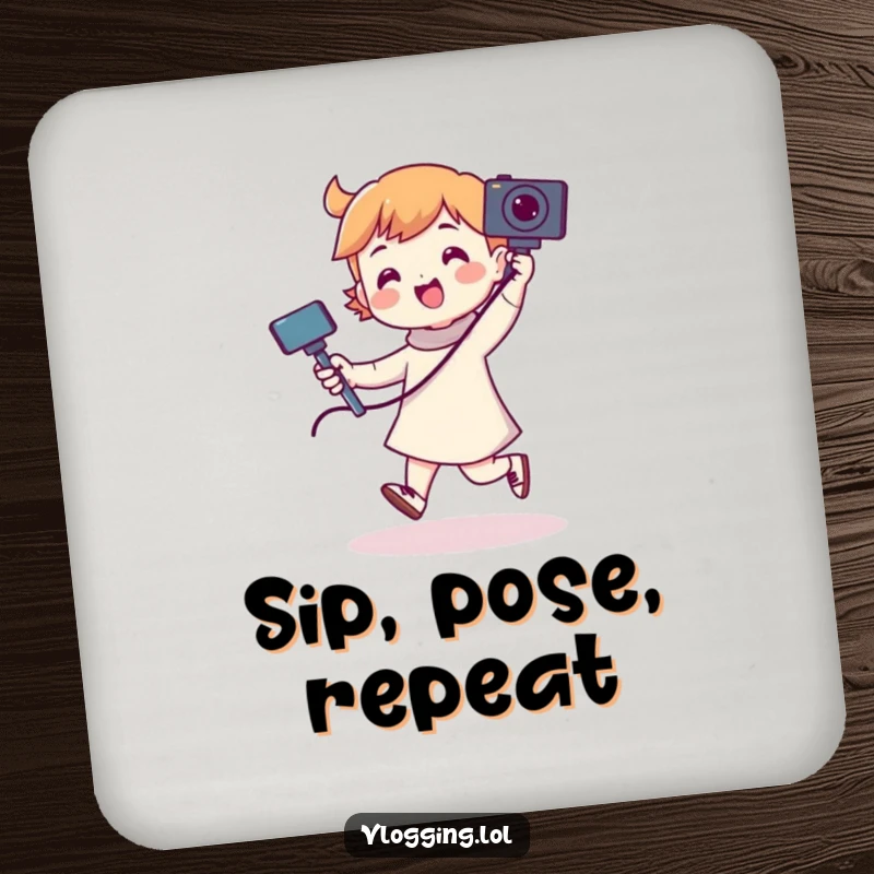 Funny drink coaster displays a character energetically dancing while holding a camera on a selfie stick, adding humor to surfaces.