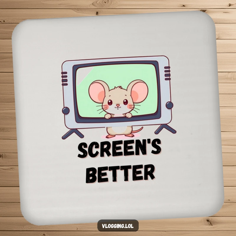 Funny shy mouse peeking from behind a giant video game screen on a drink coaster, protecting tables.
