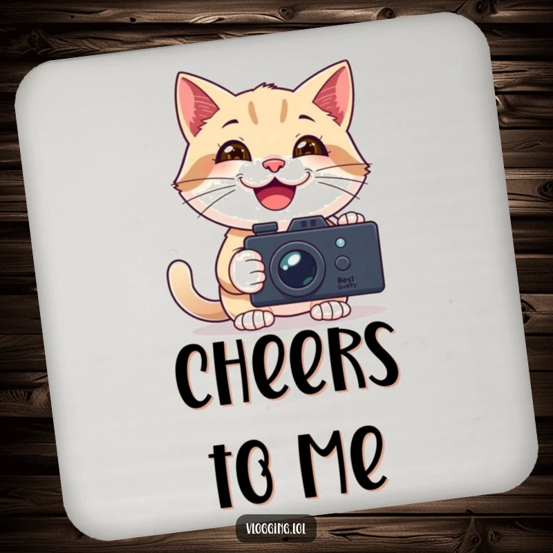 Funny drink coasters showing a happy cat filming itself with a camera, protecting surfaces with creator humor.