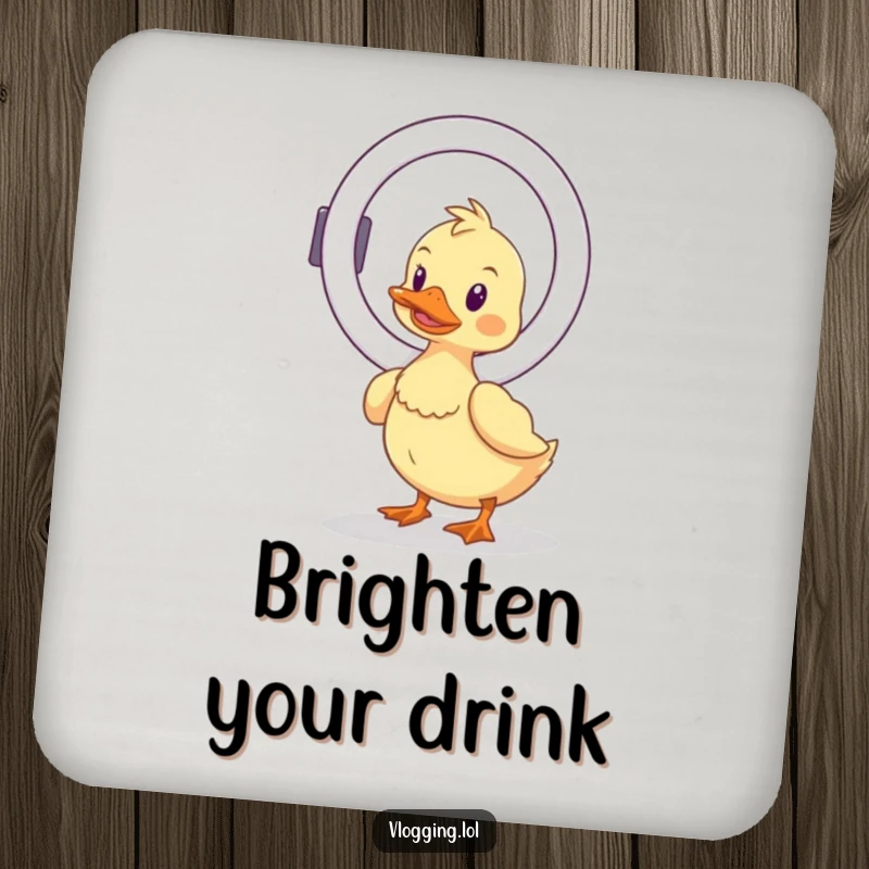 Funny wobbly duck drink coaster, humorously balancing a ring light, a charming accent for tables and a nod to content creation.