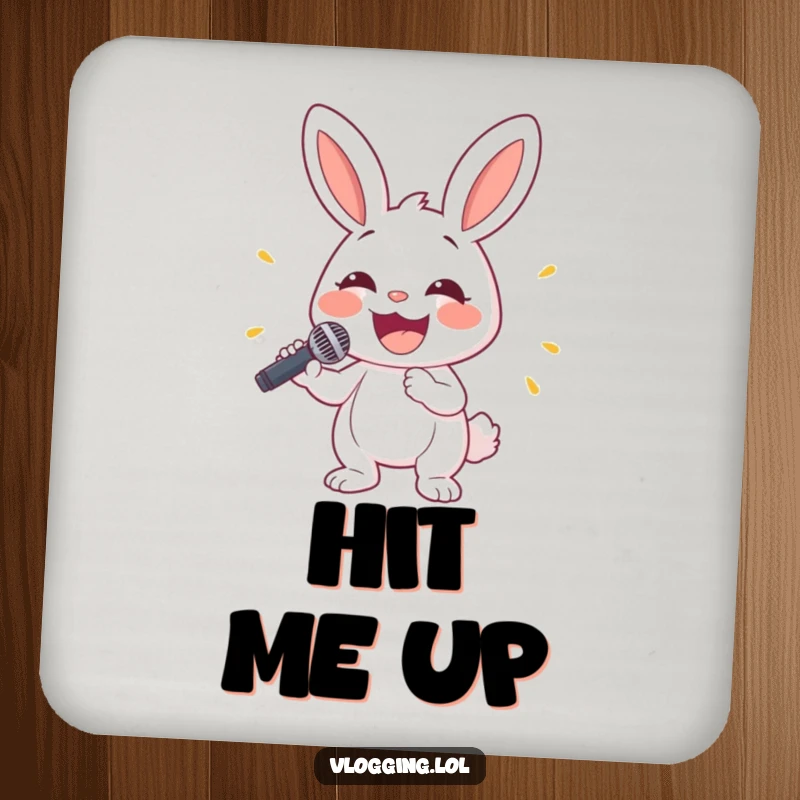 Funny bunny coaster depicting a happy rabbit holding a microphone with a wide smile, perfect for music-themed tables.