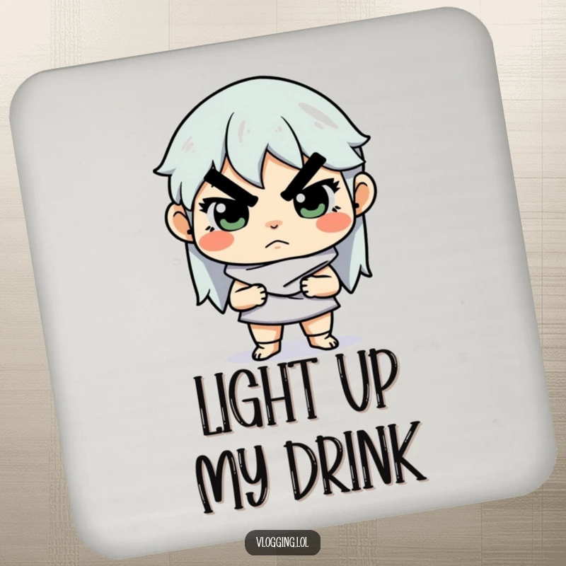 Funny coaster depicting a determined creator seriously adjusting lighting, a humorous accessory for protecting surfaces in an artist's space.