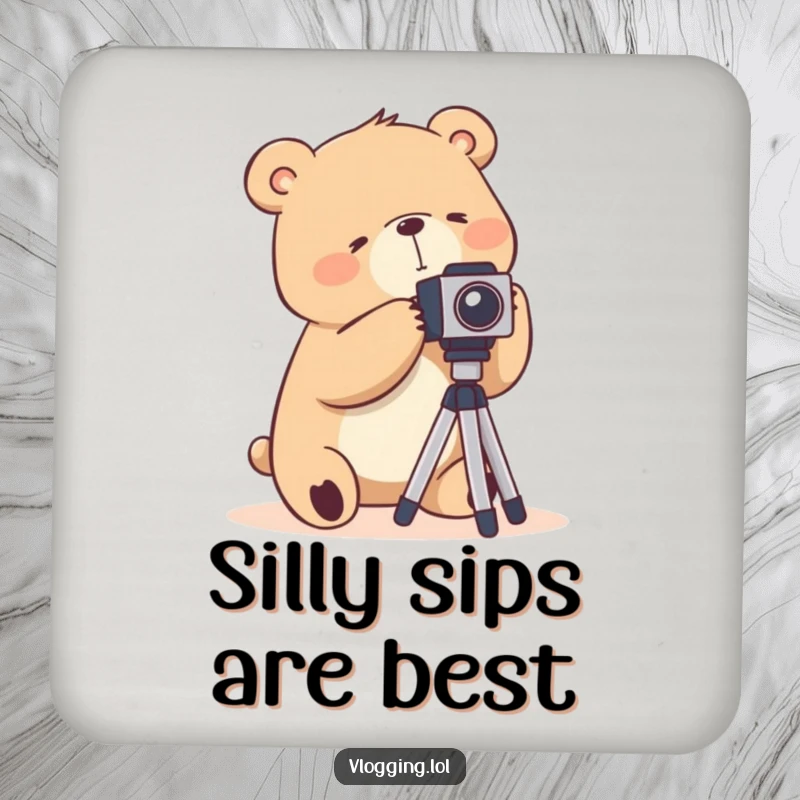 Funny drink coasters showing a silly bear awkwardly maneuvering a camera tripod, offering surface protection with humor.