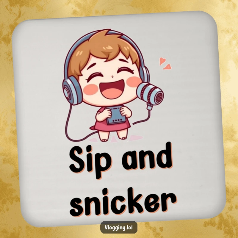 Funny drink coaster featuring a cheerful character laughing heartily while speaking into a recording device, full of mirth.