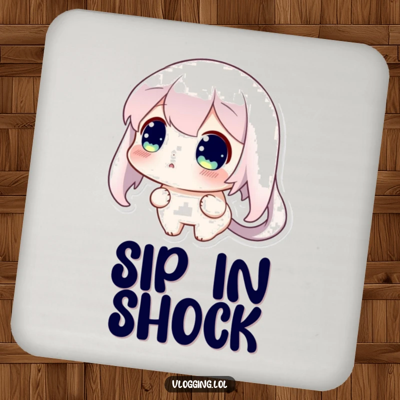 Funny drink coaster featuring a curious character with wide eyes, looking surprised at their glowing screen.