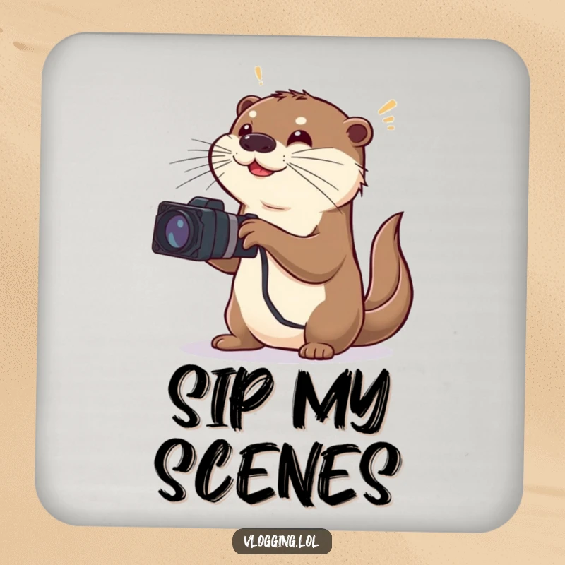 Funny drink coaster featuring a playful otter director, making dramatic, exaggerated gestures while filming a scene.