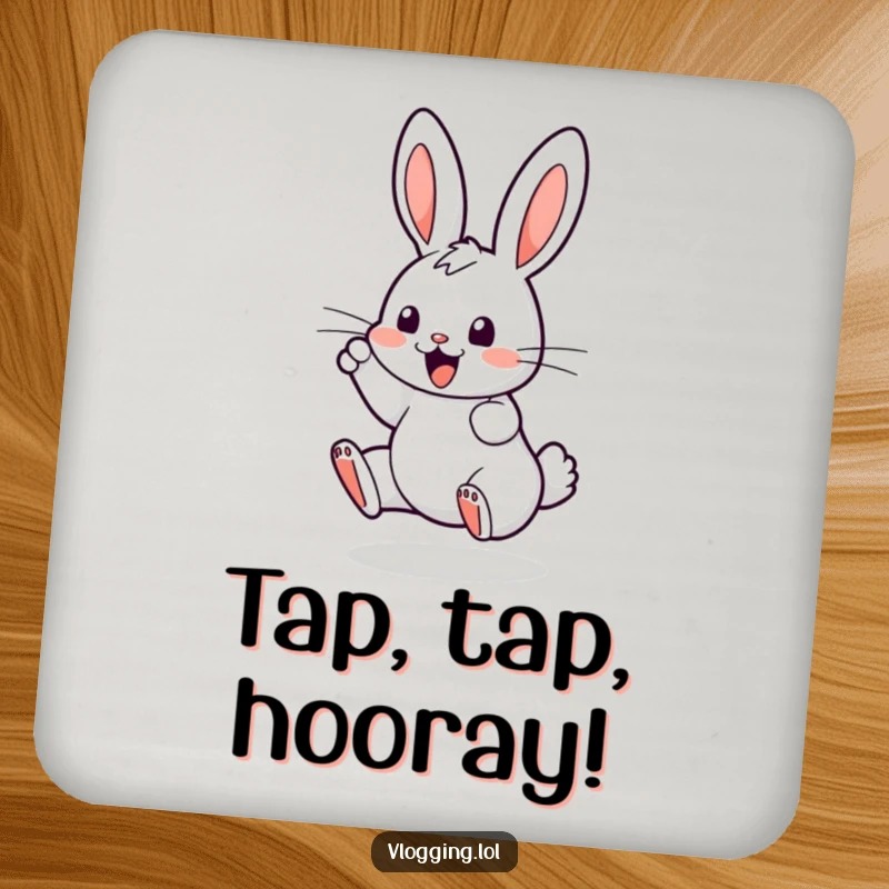 Funny drink coaster with a bouncing bunny enthusiastically tapping on a digital screen, adding a touch of humor and protection.