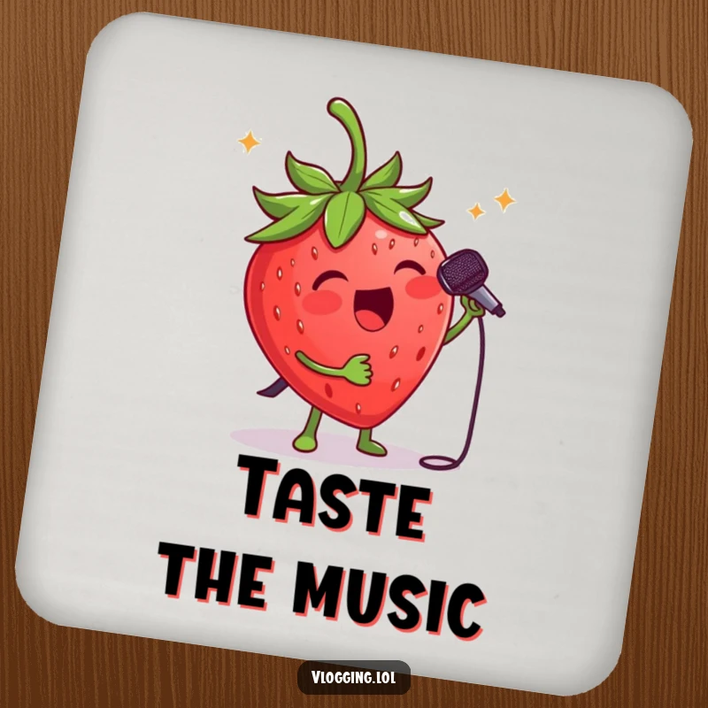 Funny strawberry singer coaster: A joyful strawberry with a microphone, protecting your surfaces with musical style. Wonderful funny gift.