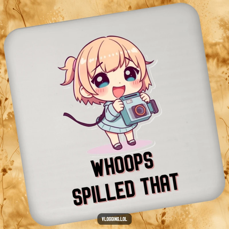 Funny drink coaster featuring a giggling character tripping slightly while holding a camera, celebrating the fun of photography.