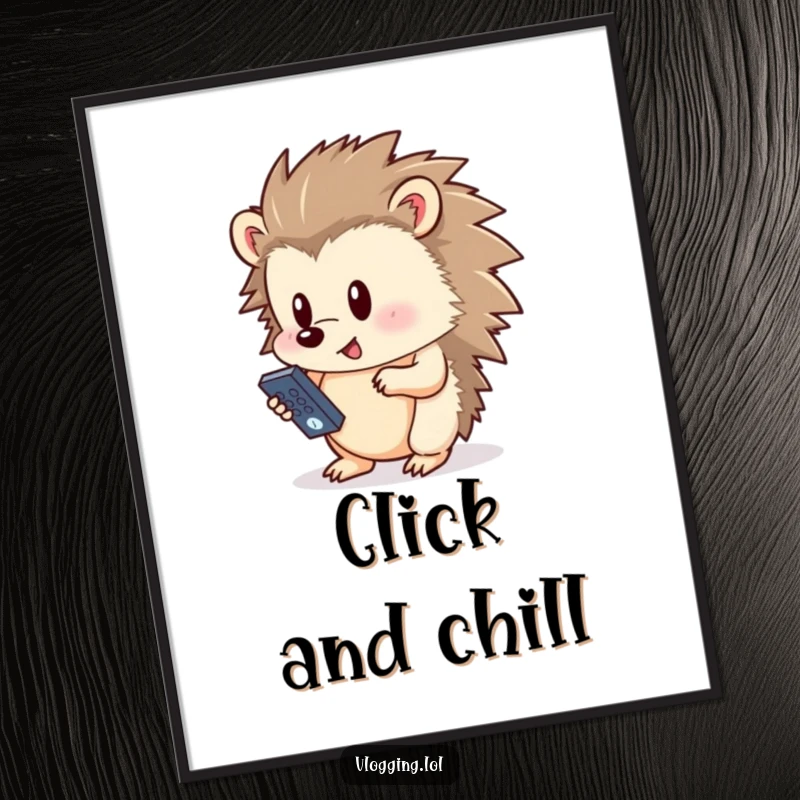 Funny hedgehog poster art, intently pressing a button on a small remote, a whimsical and humorous depiction for tech-loving households.