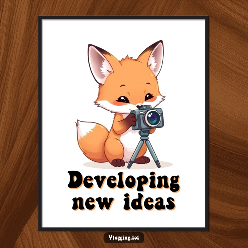Funny poster showcasing a curious fox skillfully operating a tiny camera on a tripod, creating a humorous and artistic visual.