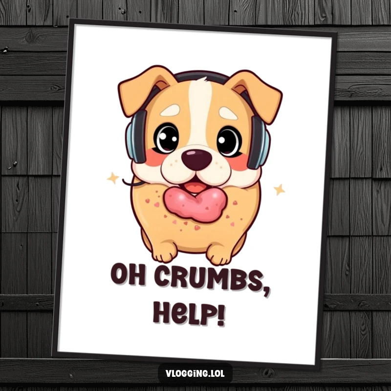 Funny bagel dog poster: A surprised bagel with headphones about to be eaten by a playful dog, creating a humorous scene. Ideal funny gift.