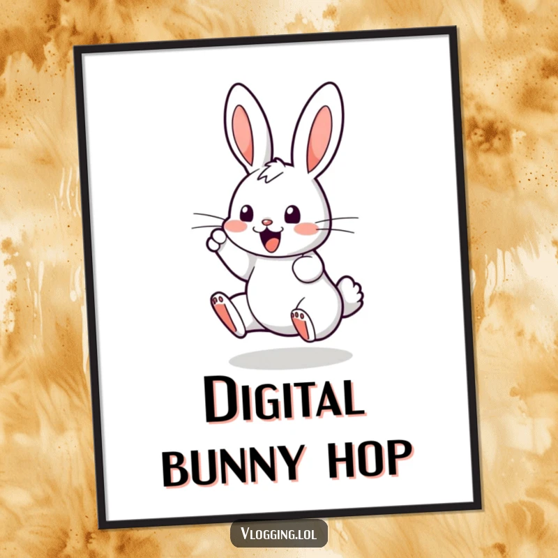 Funny poster of a bouncing bunny enthusiastically tapping on a digital screen, perfect for adding humorous, tech-themed decor.