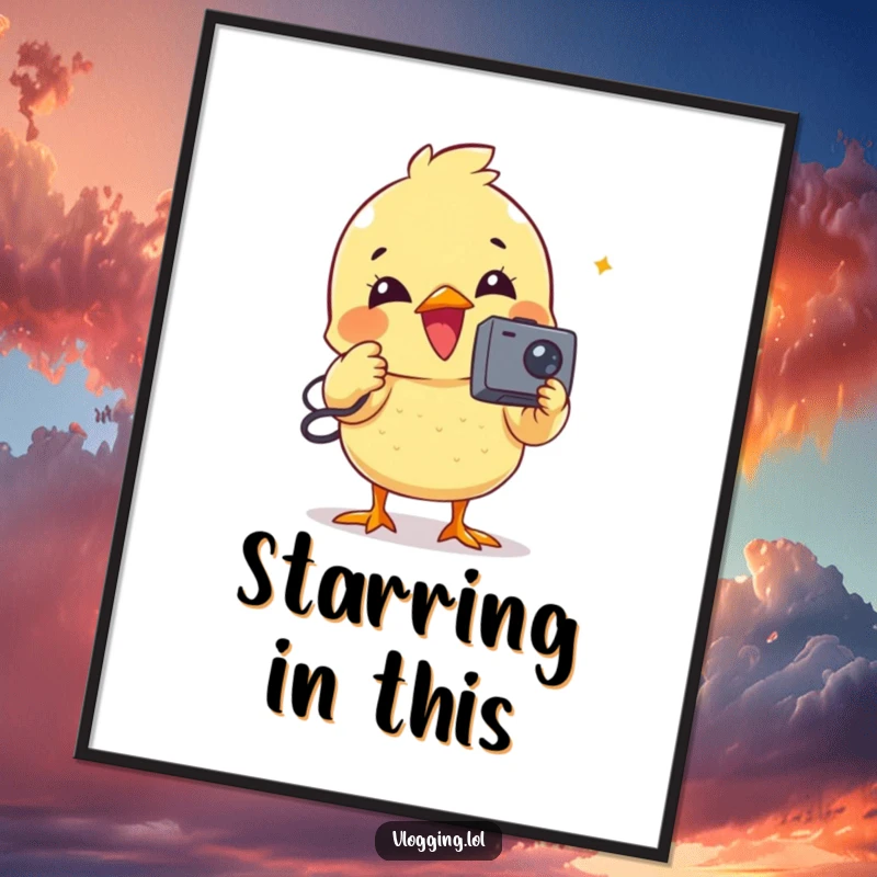 Funny poster of a cheerful chick filming content with a vintage-style tiny camcorder.