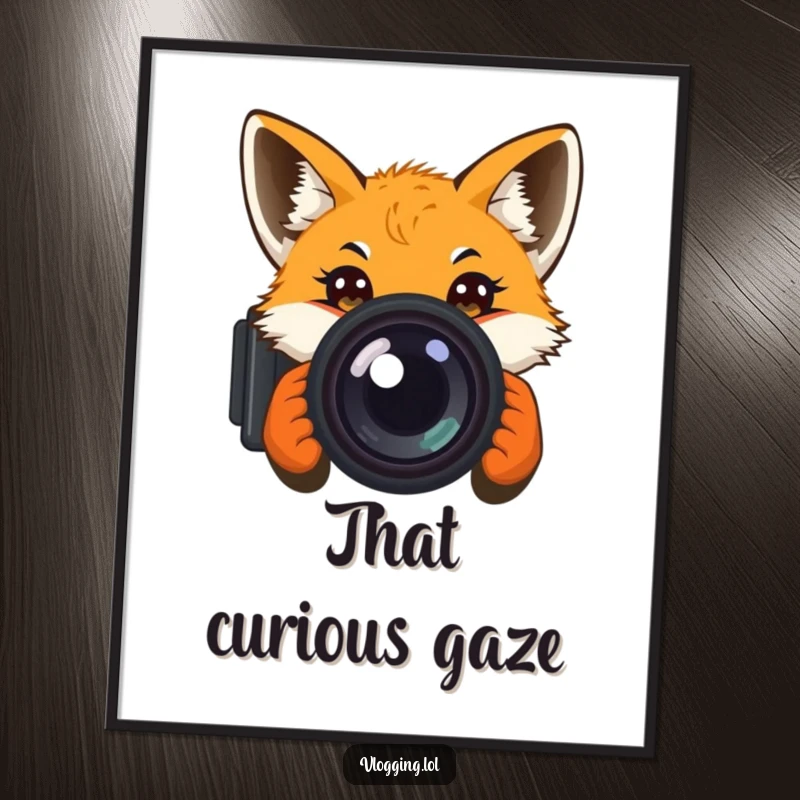 Funny poster of a curious fox with wide eyes peering directly into a camera lens, conveying playful intrigue and humor.