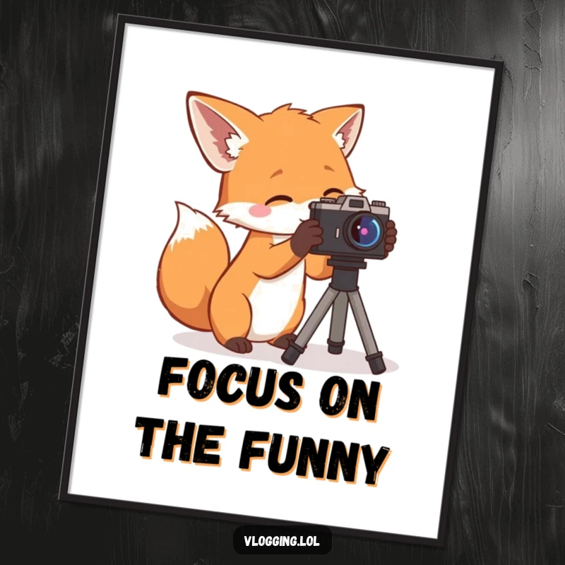 Funny Poster: A curious fox adjusting a camera, symbolizing artistic vision and humor, a superb funny gift.