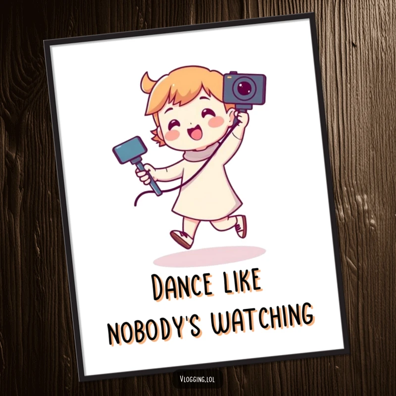 Funny poster print features a dynamic character executing a playful dance while holding a camera mounted on a selfie stick.