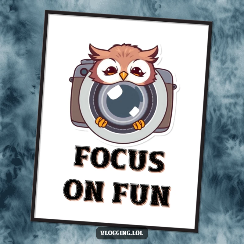 Funny giggling owl poster art, peeking from behind a camera lens, capturing a moment of pure photographic joy and whimsical humor.