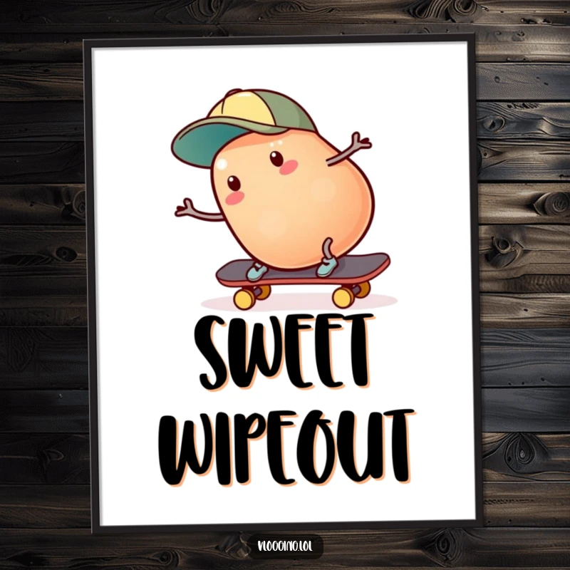 Funny jelly bean skater poster: A surprised jelly bean wearing a cap tumbles off a skateboard, mid-fall, creating a humorous scene. Ideal funny gift.