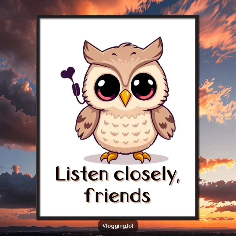 Funny owl poster showing a joyful owl with wide eyes recording a spooky sound, perfect for paranormal decor.