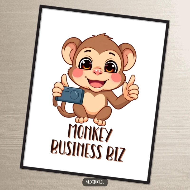 Funny Monkey Selfie Poster featuring a mischievous monkey filming itself, showcasing a wide array of comical and funny faces.