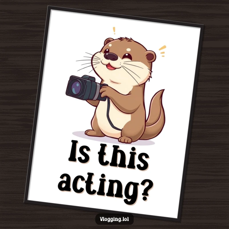 Funny poster of a playful otter furiously directing a movie scene with large, exaggerated arm movements and a focused, intense gaze.