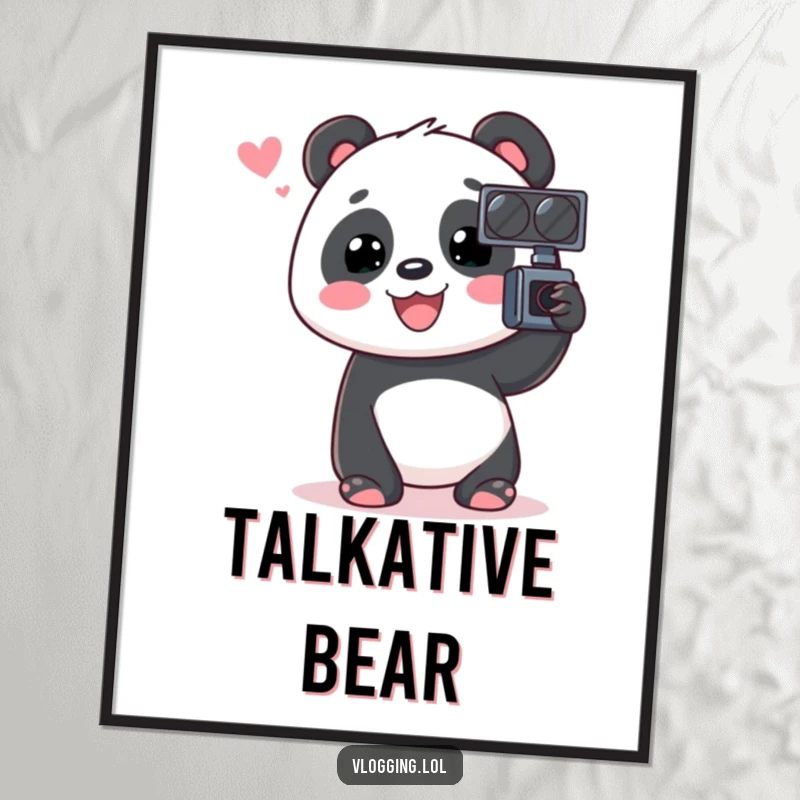 Funny Panda Poster depicting a cheerful panda animatedly speaking into a video recorder, a humorous piece of wall art.