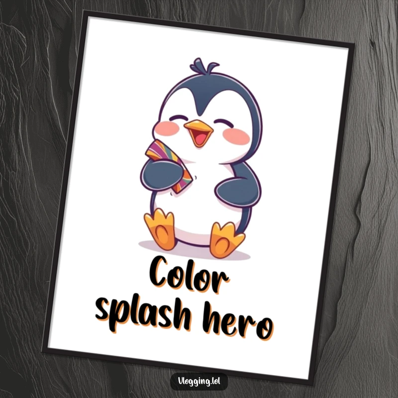 Funny poster print of a giggling penguin excitedly showing off a colorful item, bringing humorous joy and visual delight to any wall.