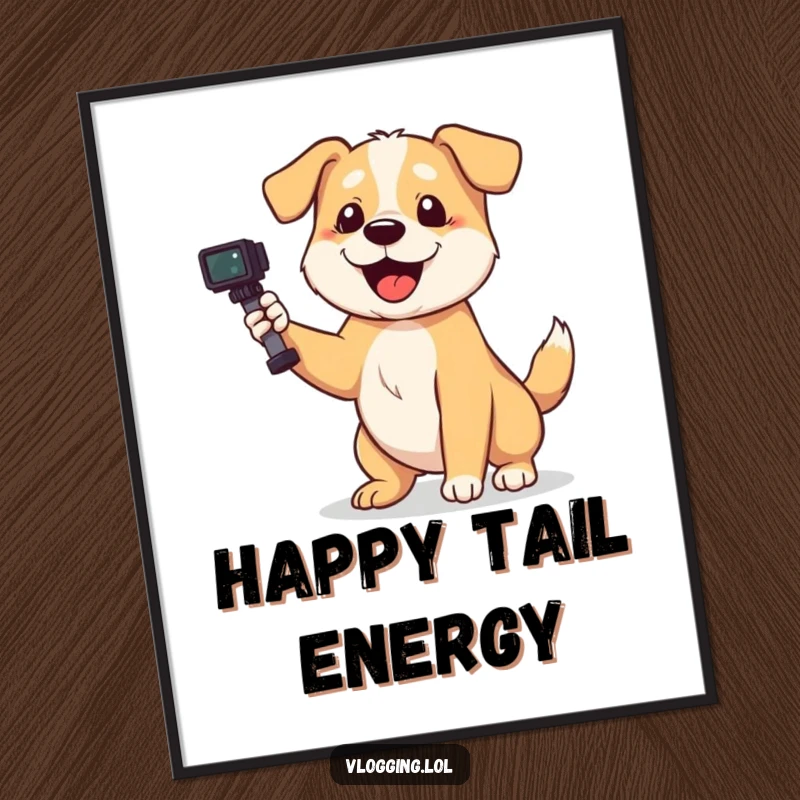 Funny dog poster of a playful dog wagging its tail energetically while filming, ideal for creative spaces.