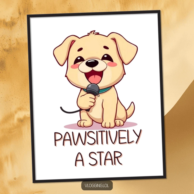 Funny Puppy Singer Poster of a delighted puppy holding a microphone and singing loudly with exceptional enthusiasm and happiness.