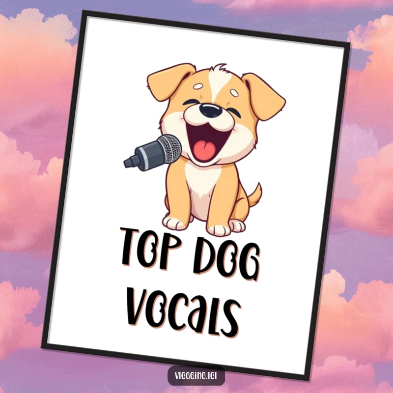 Funny puppy poster showing an energetic puppy barking excitedly into a microphone, perfect for music or podcast rooms.