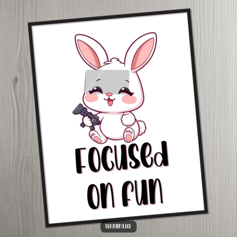 Funny poster of a cheerful rabbit looking extremely focused while editing a video on a computer screen.