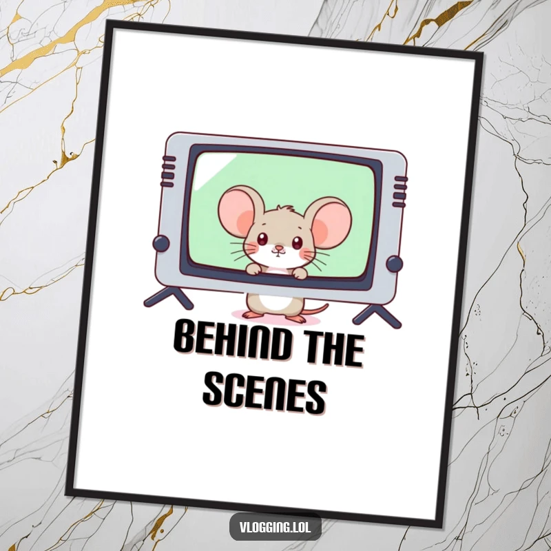 Funny shy mouse peeking from behind a giant video game screen on a poster, adding quirky decor.