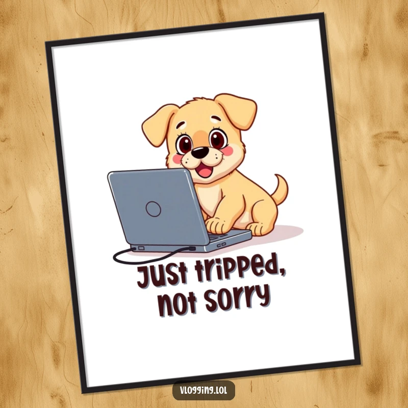 Funny poster art of a surprised puppy tripping over a laptop while vlogging, offering humorous creator decor.