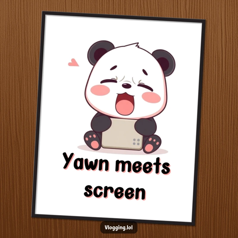 Funny poster of a tired panda yawning widely in front of a digital device, perfect for adding humorous, sleepy decor.