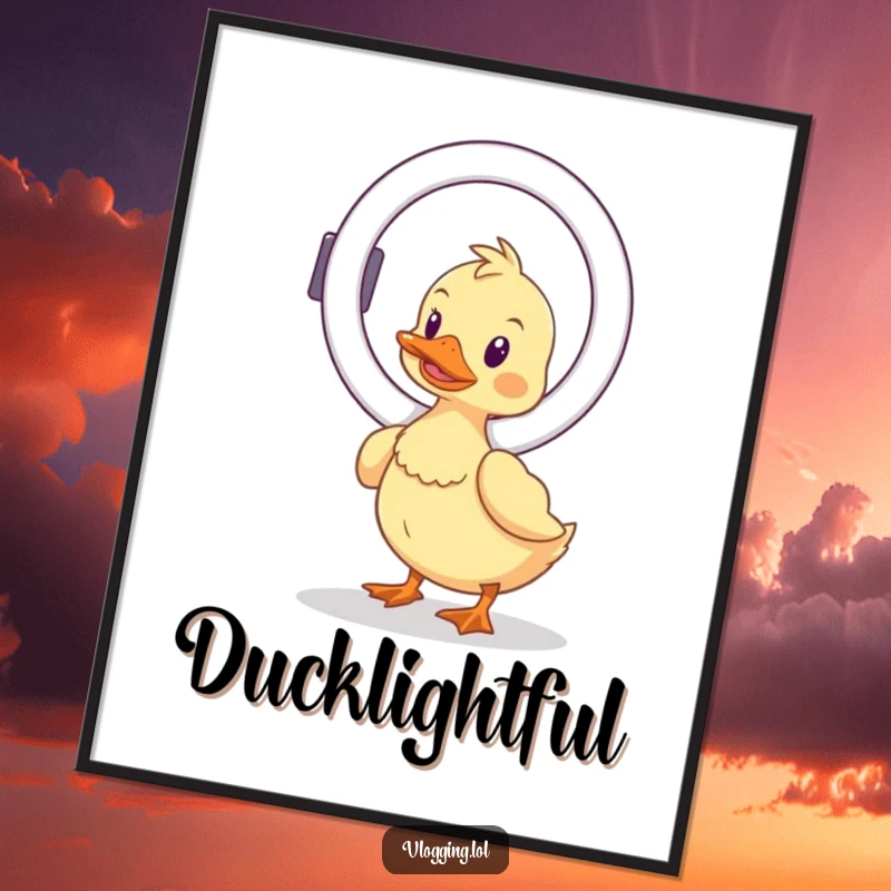 Funny wobbly duck poster art, teetering with a ring light, capturing a moment of humorous struggle for perfect content creation.