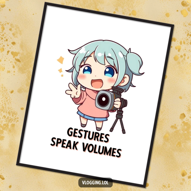 Funny poster print of a happy character enthusiastically gesturing while delivering a passionate speech to a camera.